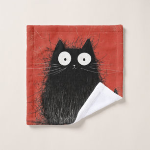 Startled Black Cat on Vivid Crimson Bath Towel Set