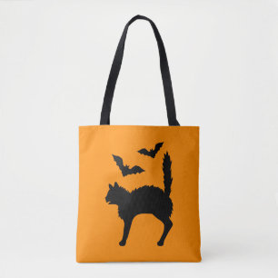 Startled Halloween Cat And Bats Silhouette Orange Tote Bag