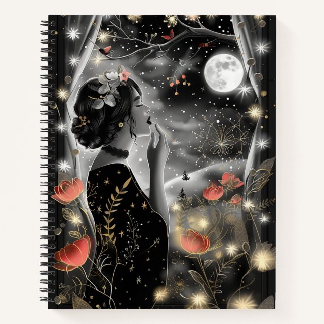 Stary Night Woman in Black Dress Notebook (Front)