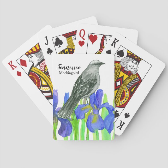 State Bird of Tennessee Mockingbird Iris Flower Playing Cards (Back)