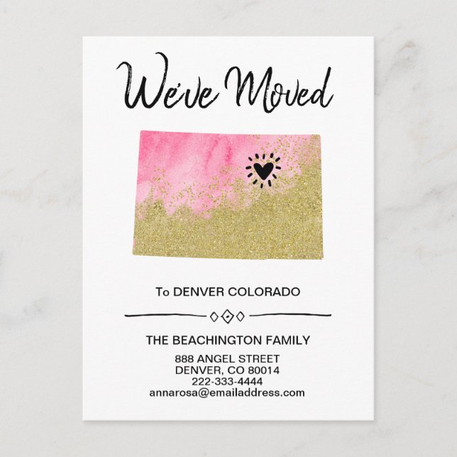 *~* STATE COLORADO Glitter Pink Moving Announcement Postcard (Front)