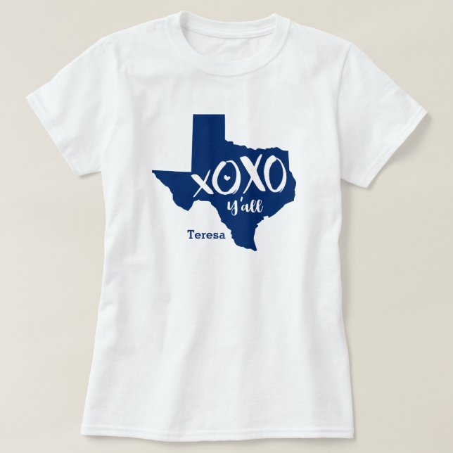 State Flag Blue XOXO, Y'all - Texas State Shape T-Shirt (Design Front)