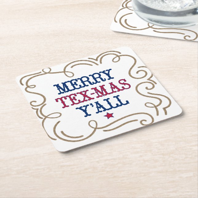 State Flag Red and Blue Merry Tex-Mas Y'all Square Paper Coaster (Angled)