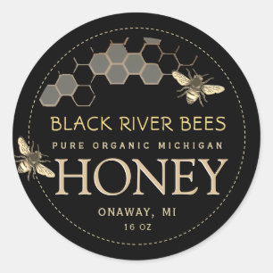State Name Honey Label Bees and Honeycomb Black
