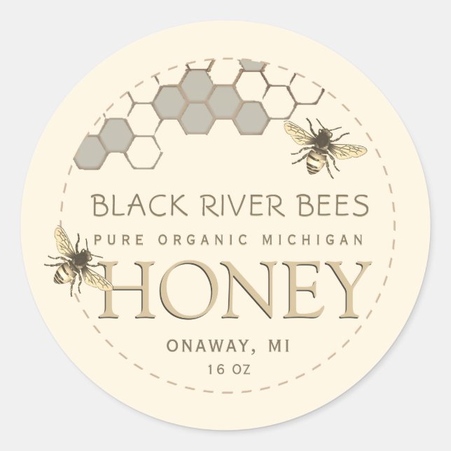 State Name Honey Label Bees and Honeycomb Ivory (Front)