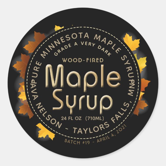 State Name Maple Syrup  (Batch and Date)  Classic Round Sticker (Front)