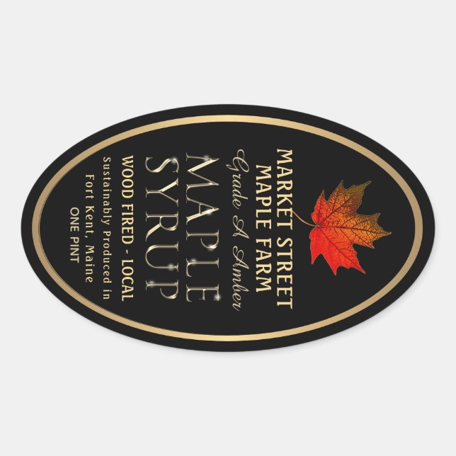 State Name Sustainably Produced Maple Syrup Black  Oval Sticker (Front)