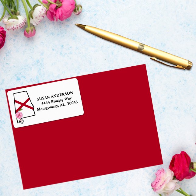 State of Alabama Flag with State Flower Camellia Label (Creator Uploaded)