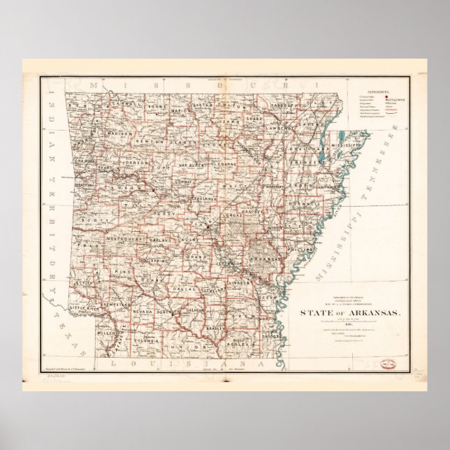 State of Arkansas Map (1886) Poster (Front)