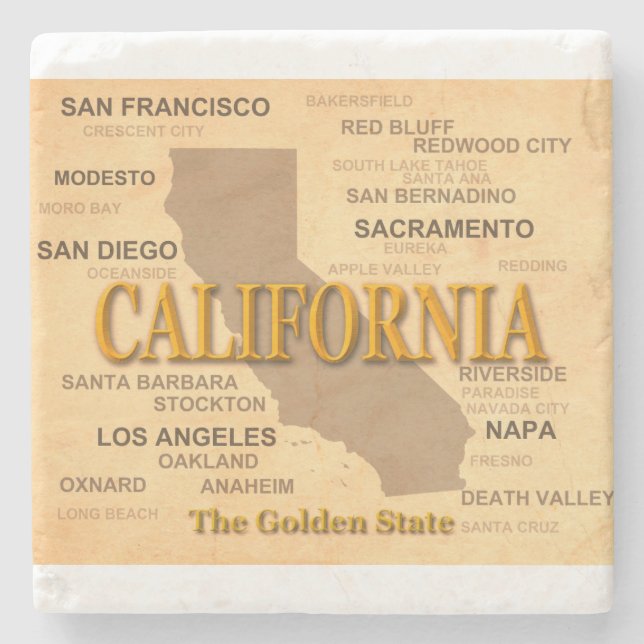 State of California Map, Los Angeles, Sacramento Stone Coaster (Front)