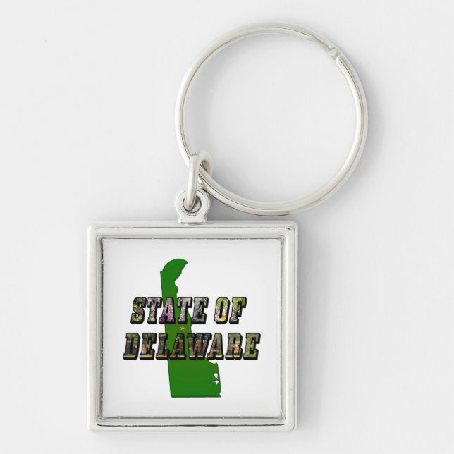 State of Delaware Picture Text & Map Outline Key Ring (Front)