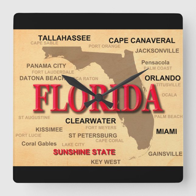 State Of Florida Map, Miami, Orlando, Key West Square Wall Clock (Front)