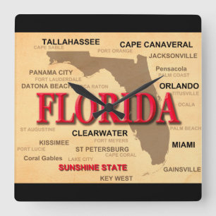 State Of Florida Map, Miami, Orlando, Key West Square Wall Clock