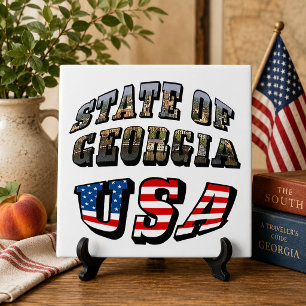 State of Georgia and USA Flag Text Ceramic Tile