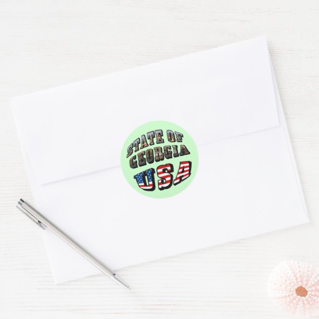 State of Georgia and USA Flag Text Classic Round Sticker (Envelope)