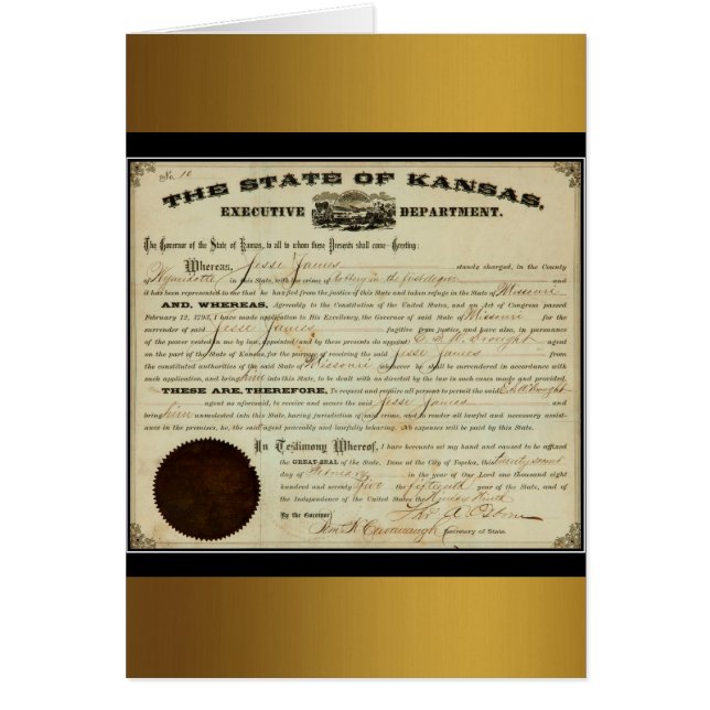State of Kansas 1875 Jesse James Extradition Order (Front)