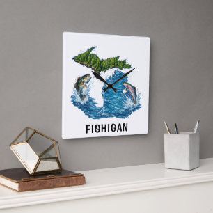 State of Michigan Graphic with Fish Square Wall Clock