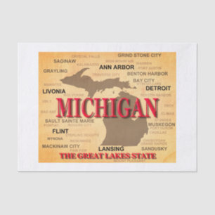 State Of Michigan Map, Detroit, Lansing Tissue Paper