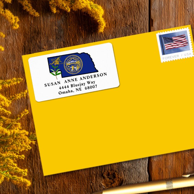 State of Nebraska Flag with State Flower Goldenrod Label (Creator Uploaded)