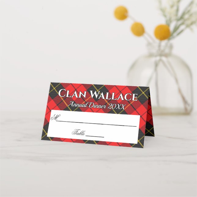 Stately Clan Wallace Red and Black Tartan Motto Place Card (Front)