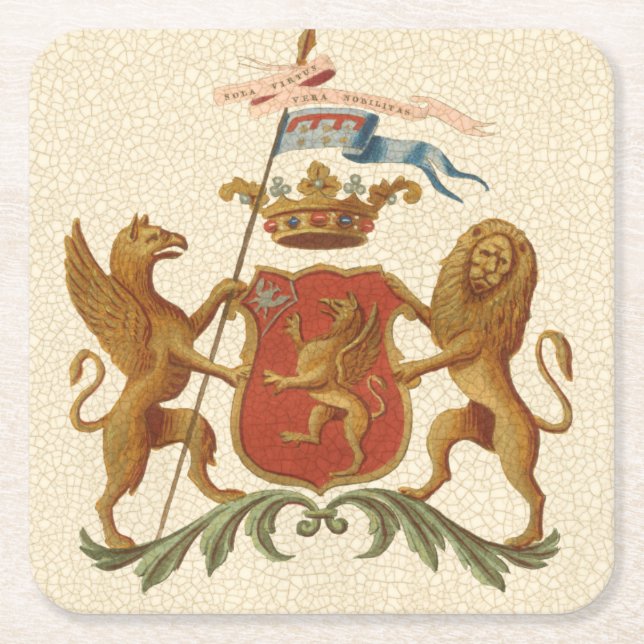 Stately Heraldic Badge with Griffin and Lion Square Paper Coaster (Front)