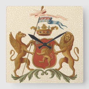 Stately Heraldic Badge with Griffin and Lion Square Wall Clock