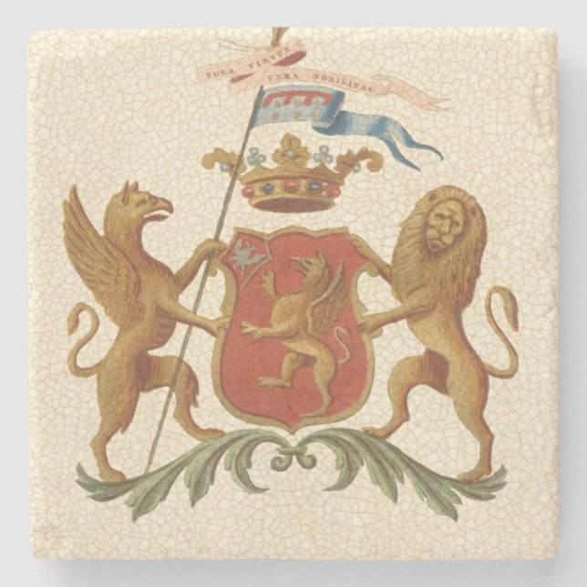 Stately Heraldic Badge with Griffin and Lion Stone Coaster (Front)