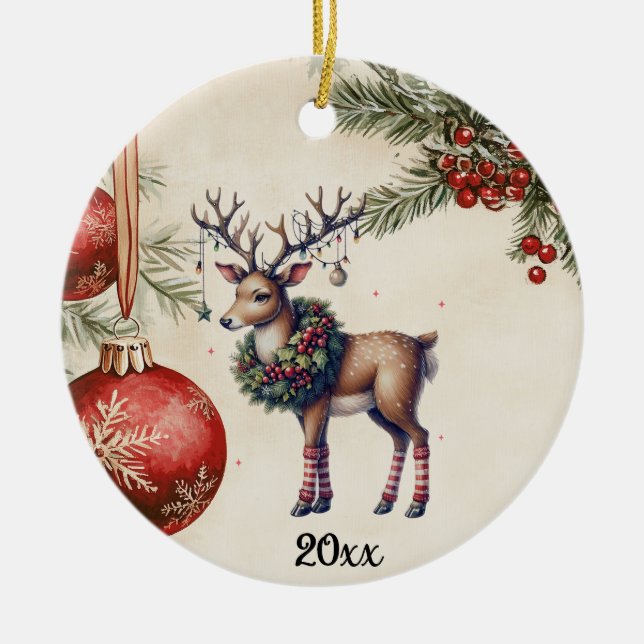 Stately Reindeer With Wreath - Ornaments & Roses (Front)