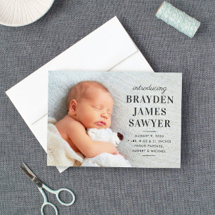 Statement Name Charcoal Grey Baby Boy Photo Birth Announcement