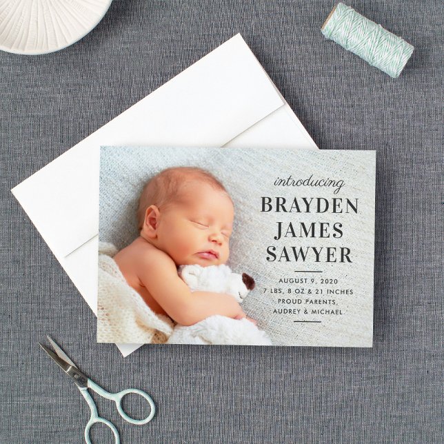 Statement Name Charcoal Grey Baby Boy Photo Birth Announcement (Creator Uploaded)