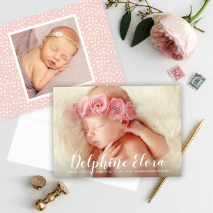 Statement Name White Script Baby Girl Photo Birth Announcement