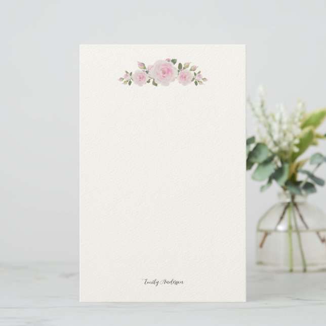 Stationary Paper with Name Soft Pink Roses (Standing Front)