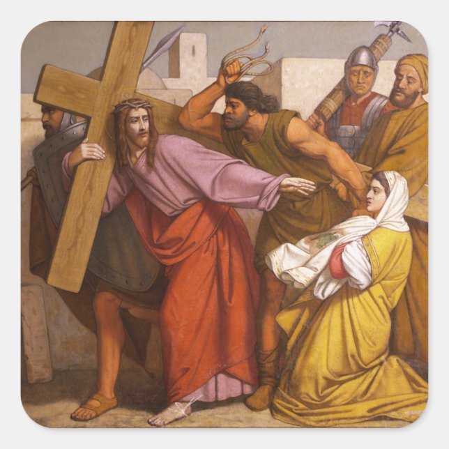 Stations of the Cross 5 Simon Carries the Cross Square Sticker (Front)
