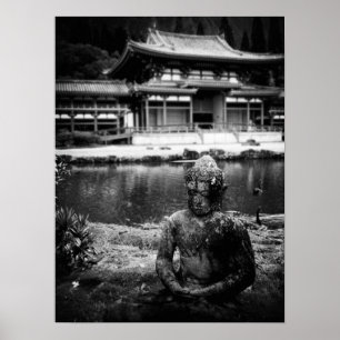 Statue in Front of the Buddhist Temple, Oahu B&W Poster