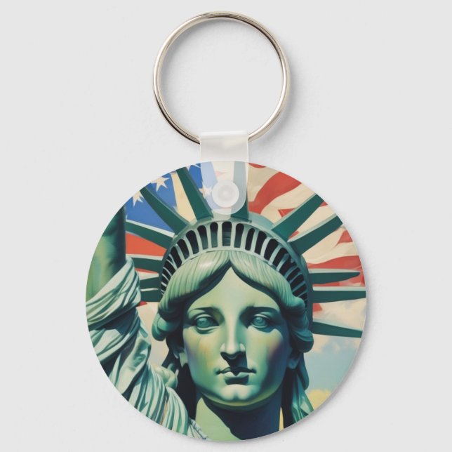 Statue of Liberty & American Flag Art New York Key Ring (Front)