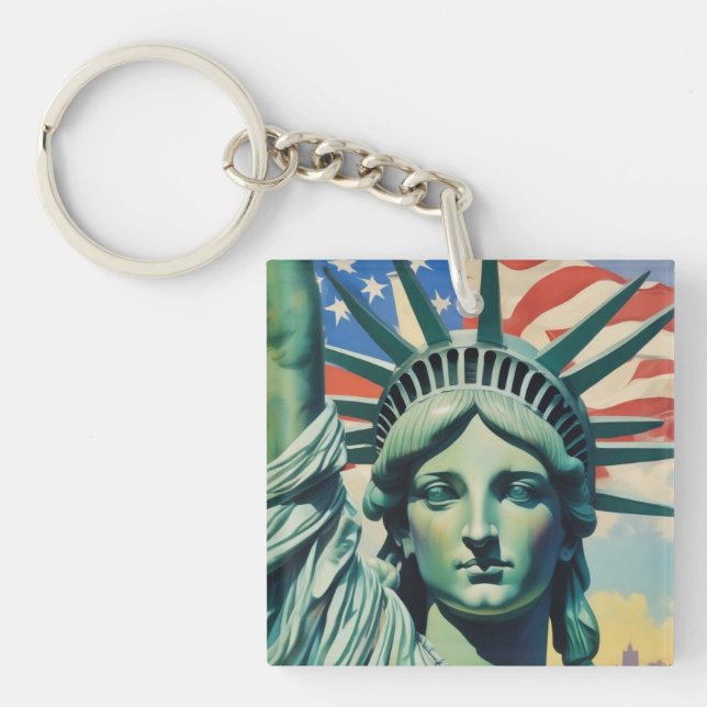 Statue of Liberty & American Flag Art New York Key Ring (Front)