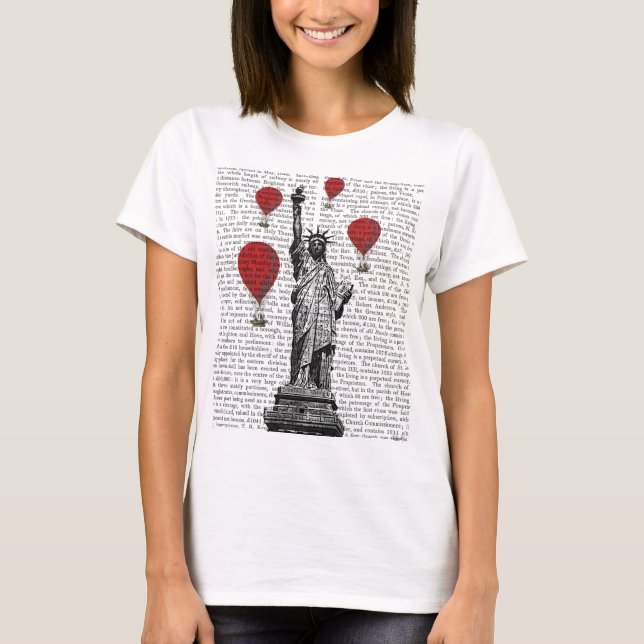 Statue Of Liberty and Red Hot Air Balloons T-Shirt (Front)