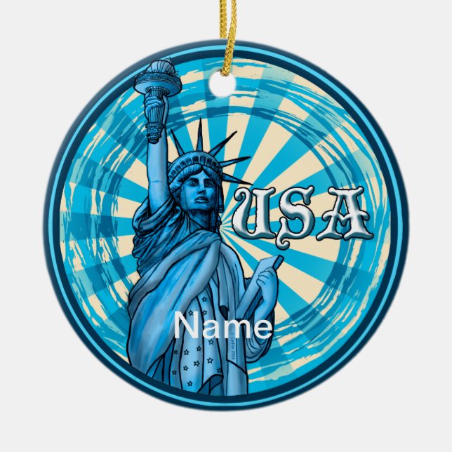 Statue Of Liberty Blue USA Ceramic Ornament (Front)