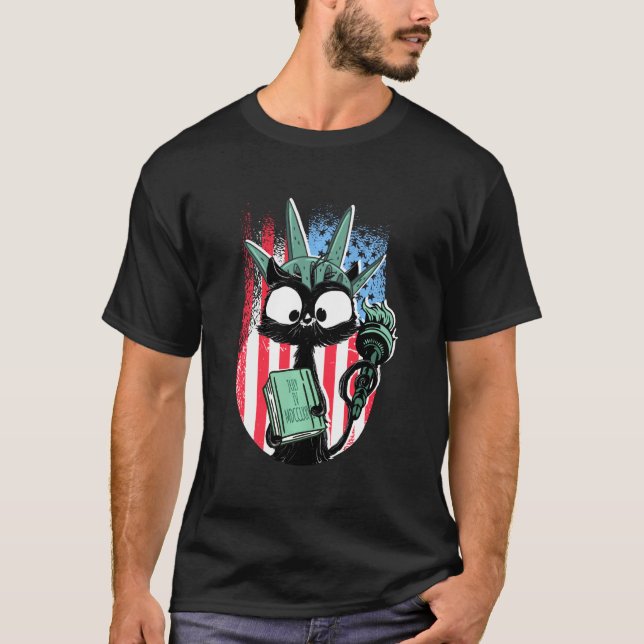 Statue Of Liberty Cat Liberkitty 4th July Black Ca T-Shirt (Front)