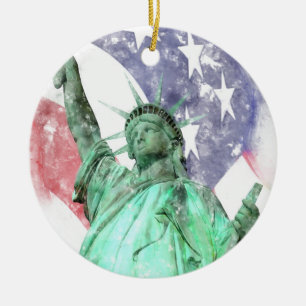 Statue of Liberty closeup with flag watercolor Ceramic Ornament