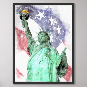 Statue of Liberty closeup with flag watercolor Photo Print