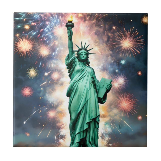 Statue Of Liberty Fireworks Independence Day, Ceramic Tile (Front)