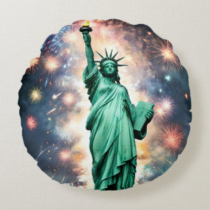 Statue Of Liberty Fireworks Independence Day, Round Cushion