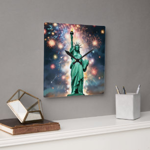 Statue Of Liberty Fireworks Independence Day, Square Wall Clock