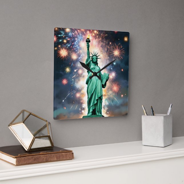 Statue Of Liberty Fireworks Independence Day, Square Wall Clock (Office)