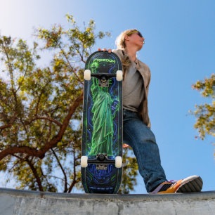 Statue of Liberty - Green Neon and Dark Blue Neon Skateboard