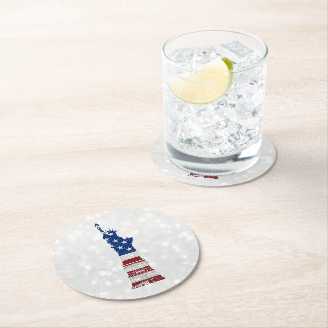 Statue Of Liberty July 4th Glitter Round Paper Coaster (Insitu)