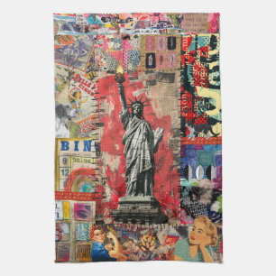 Statue of Liberty Mixed Media Collage Art Tea Towel