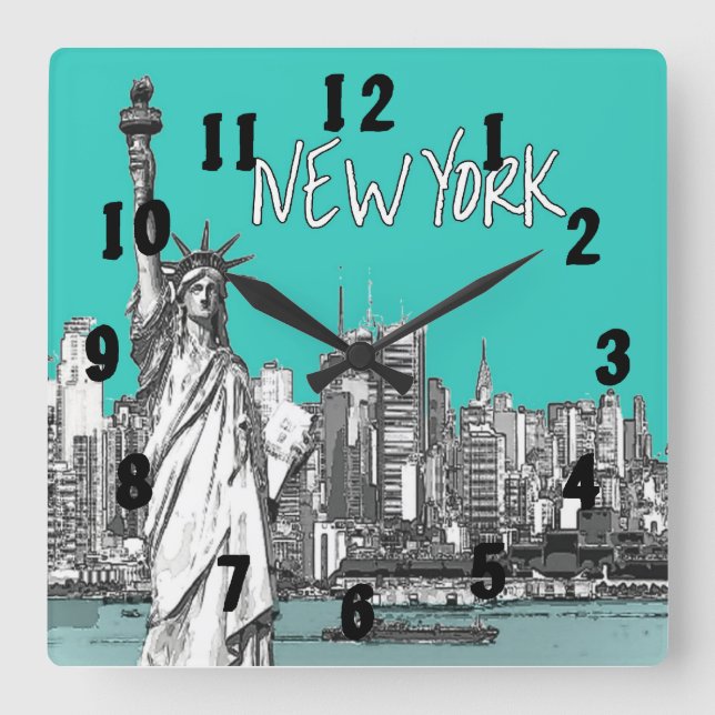 Statue of Liberty New York America Teal Square Wall Clock (Front)