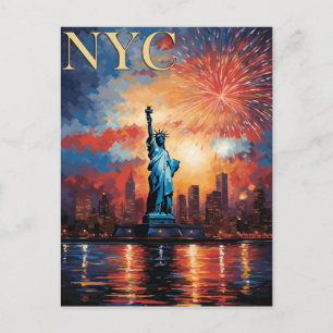 Statue of Liberty New York City Fireworks Travel Postcard